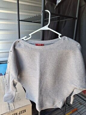 Jennifer Lopez Light Gray Ribbed Button-Shoulder Sweater